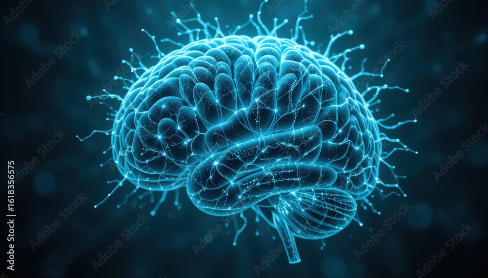 Fototapeta premium Glowing blue digital brain with neural connections and futuristic energy