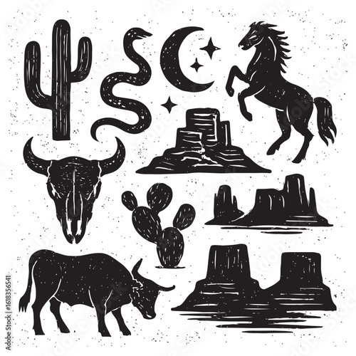 Linocut western boho set vector. Texture grunge Arizona rodeo graphics, bull, horse, snake, skull silhouette.