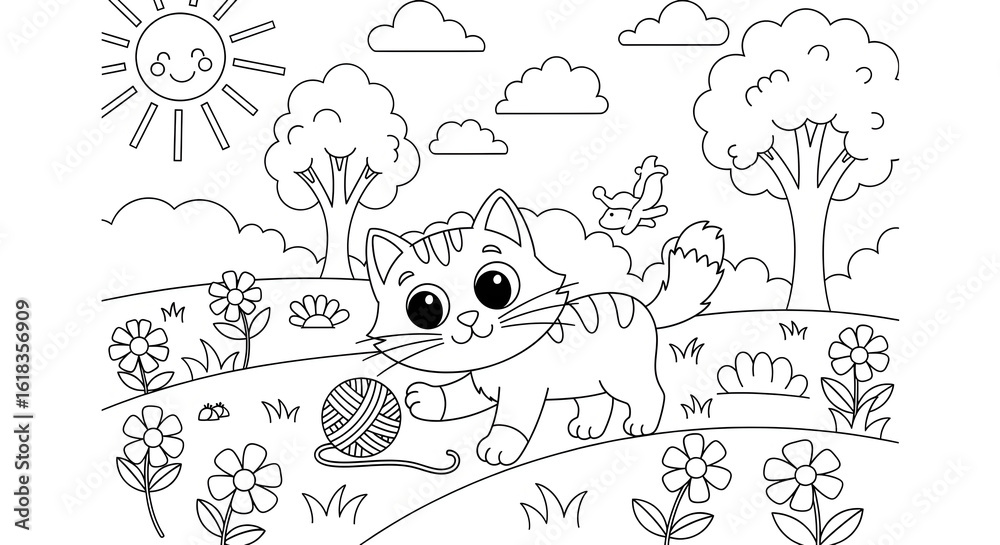 Naklejka premium Cartoon Cat Playing with Yarn in a Sunny Meadow Coloring Page