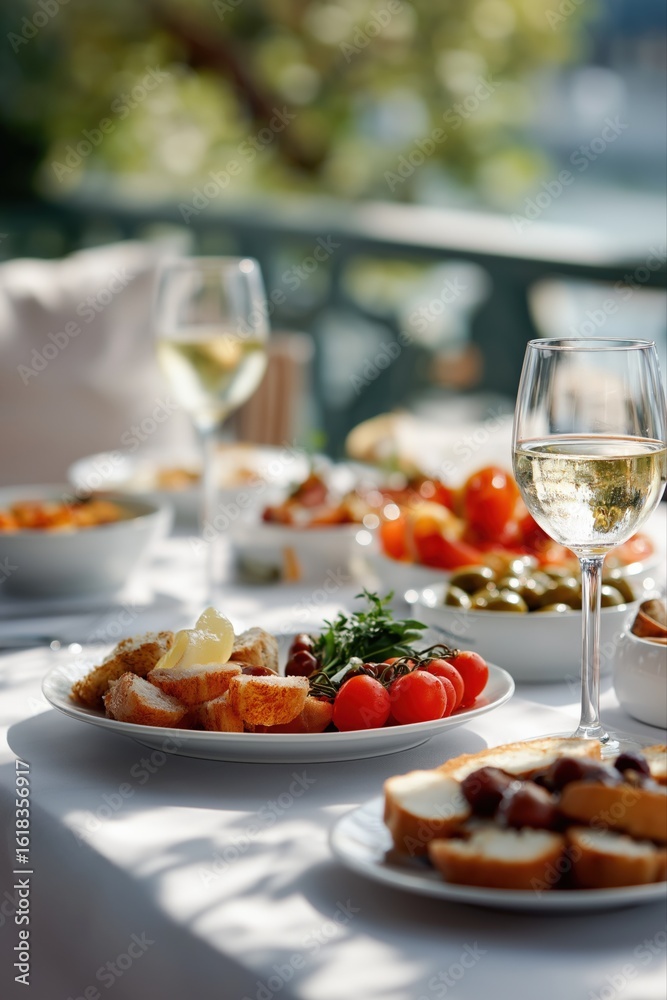 Outdoor mediterranean brunch with fresh vegetables and wine on a sunny day Outdoor mediterranean brunch with fresh vegetables and wine on a sunny day