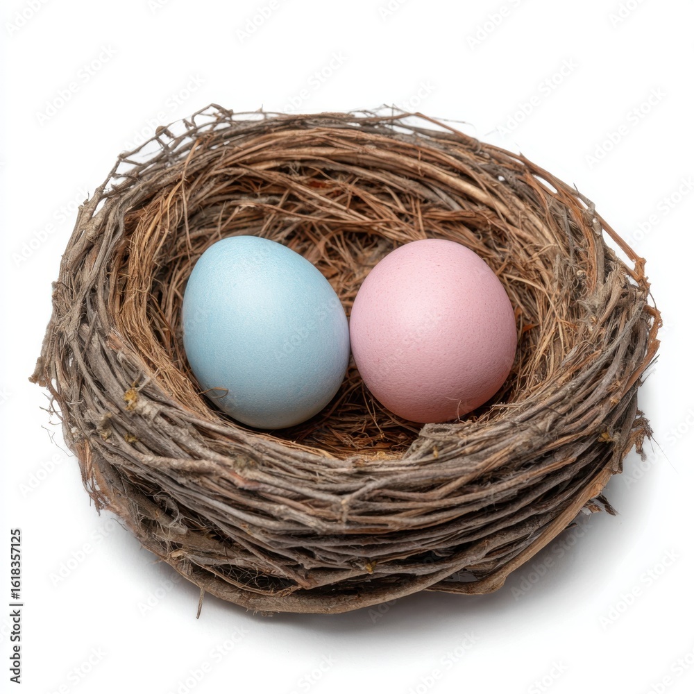 Ai generated image of a birds nest with colorful eggs isolated on white Ai generated image of a birds nest with colorful eggs isolated on white