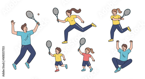 Active families enjoying outdoor sports playing tennis and racket games together on a sunny day