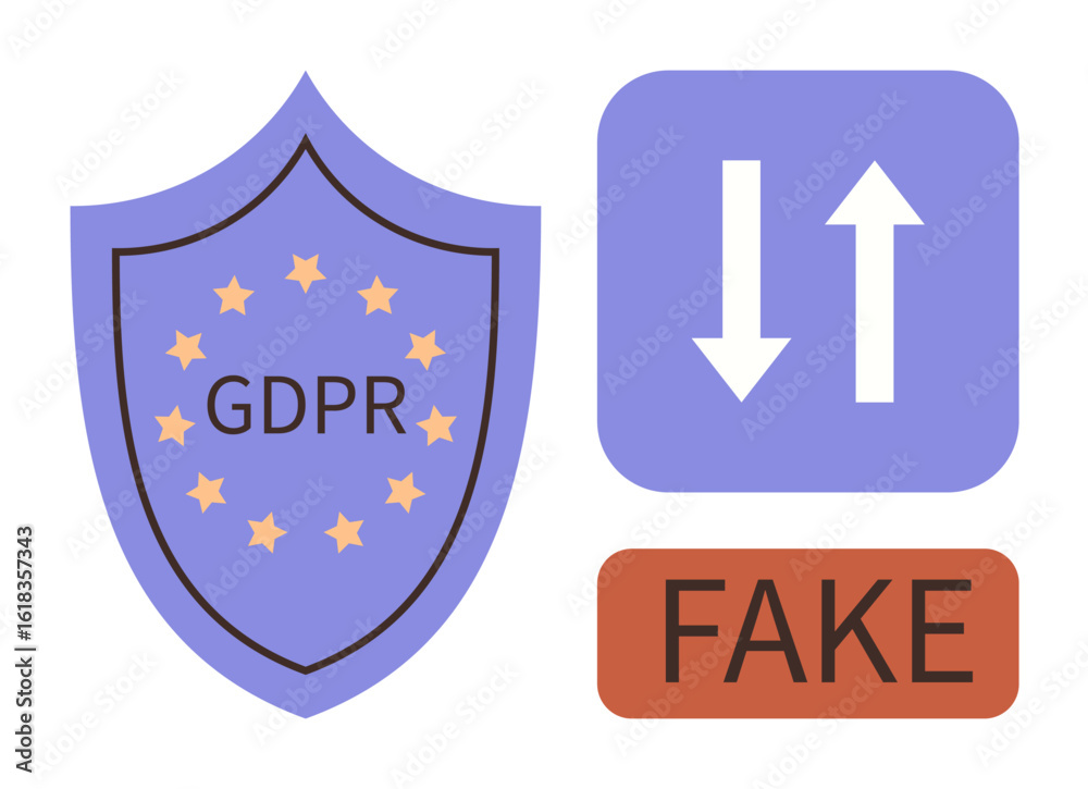 Fototapeta premium Shield with GDPR text and stars, up and down data arrows, Fake label. Ideal for data compliance, privacy, trust, security, communication misinformation digital ethics. Simple flat metaphor