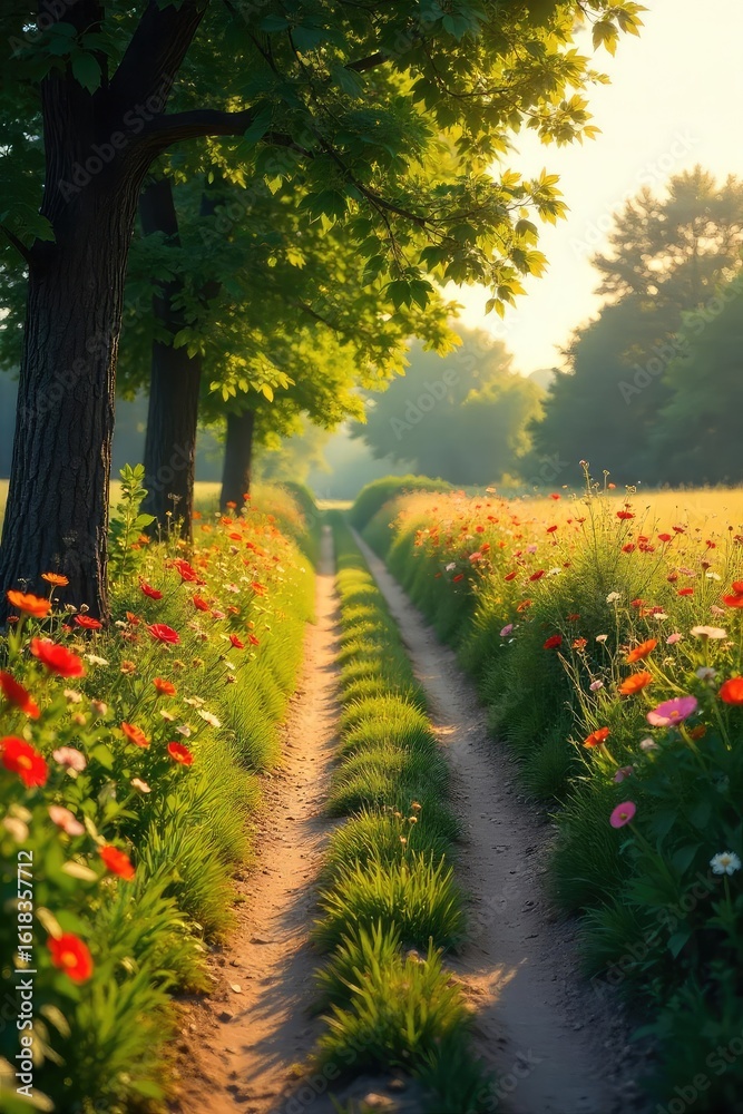 Naklejka premium A charming country lane, perfect for a romantic stroll, lined with lush greenery and vibrant wildflowers, bathed in the warm glow of golden sunlight , summer, peaceful
