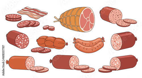 Collection of various types of cured and smoked meats sausage and deli cuts featuring ham and salami