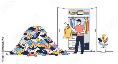 Man organizing his messy wardrobe with a large pile of clothes next to him ready for decluttering and tidying up his living space