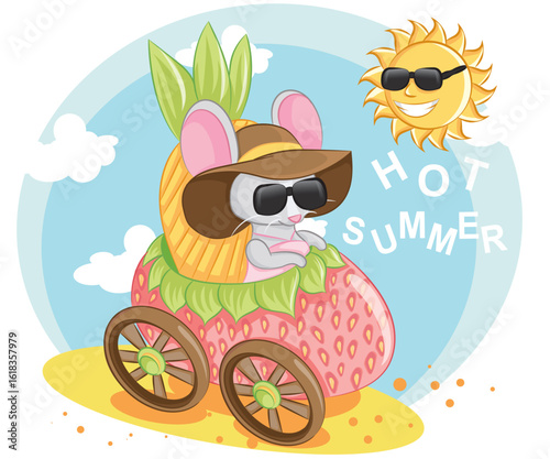 Summer mouse on a scooter.Children's illustration of a mouse with sunglasses on a strawberry car.