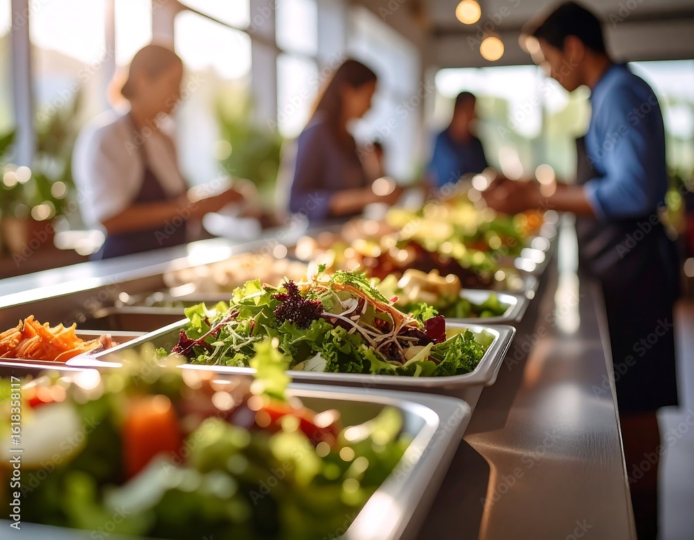 Obraz premium A buffet line featuring assorted salads and prepared dishes with people serving themselves
