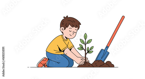 A young boy enthusiastically plants a sapling in fertile soil with a gardening tool ready for use