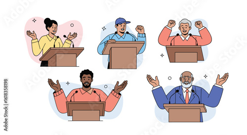 Diverse group of people delivering speeches and presentations on stage in support of democracy and freedom of speech