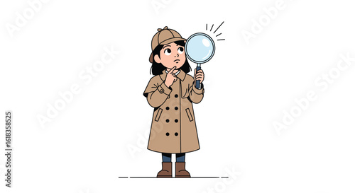 Young detective investigating a mysterious case with a magnifying glass and a trench coat outfit