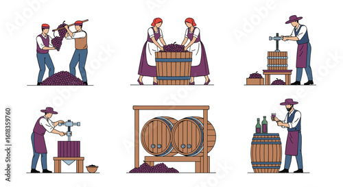Collection of vintage scenes depicting traditional grape processing and winemaking activities
