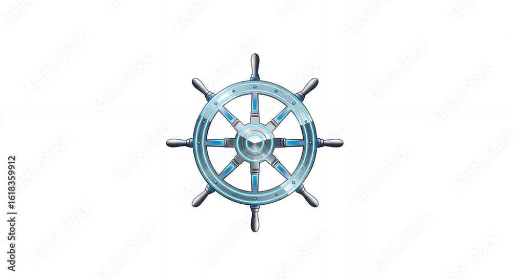 Obraz premium Futuristic Metal Ship's Steering Wheel with Blue Luminous Accents