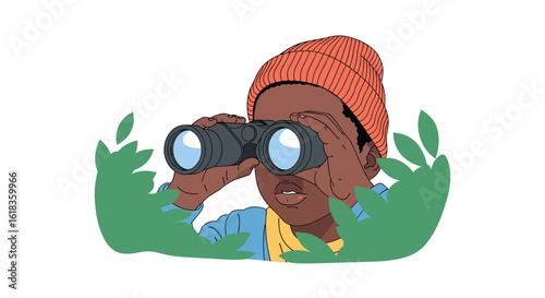 A young explorer with a bright orange hat peers through binoculars surrounded by lush green foliage on a sunny day ready for adventure