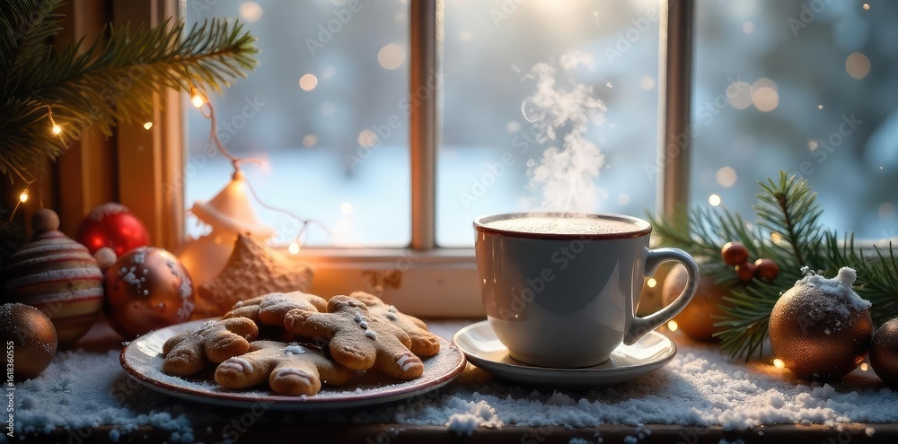 Fototapeta premium A steaming mug of hot chocolate sits beside a plate of gingerbread cookies, surrounded by cozy winter decorations on a snowy windowsill , winter drink, window