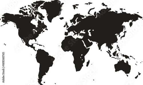 World map silhouette design, flat black global vector illustration, minimal international geography icon, continents outline graphic, travel and global business concept for education or decor