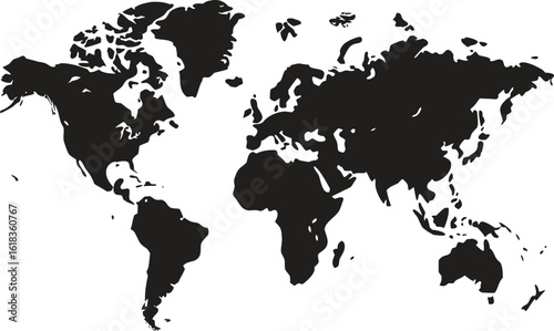 World map silhouette design, flat black global vector illustration, minimal international geography icon, continents outline graphic, travel and global business concept for education or decor
