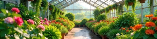 A vibrant greenhouse brimming with lush greenery and colorful flowers, bathed in sunlight Perfect for illustrating gardening, horticulture, botany, or environmental themes , leaves, bright