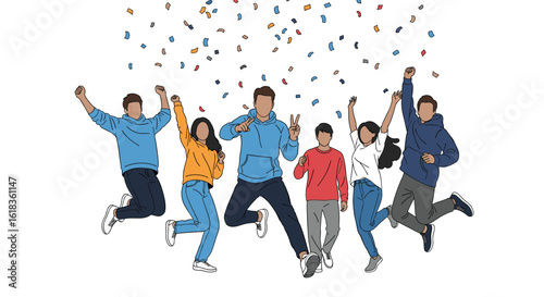 A diverse group of friends celebrate success together under a shower of colorful confetti with arms raised high