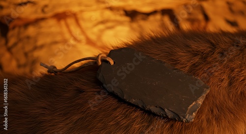 A close-up of a blank tag fashioned from a flat, chipped piece of dark flint slate
