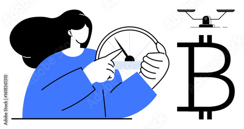 Woman adjusting a financial gauge, Bitcoin symbol beside her, and balance scale representing cryptocurrency value, financial balance, investment insights, technology, and market dynamics. Ideal