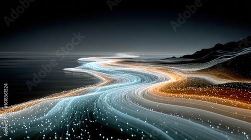 Abstract neon digital landscape with flowing lines and geometric shapes in fiber-optic tunnel. Dynamic cyberspace background conveying speed and movement.