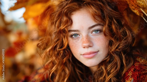 A captivating portrait of a woman framed by vibrant autumn leaves, highlighting the beauty and warmth of the season as she radiates joy and charm in her surroundings.