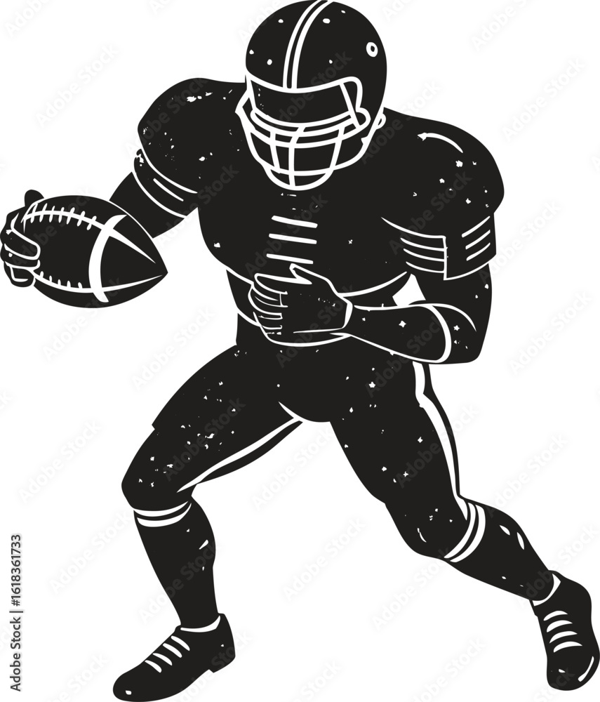 Obraz premium American football player silhouette with ball, dynamic athlete pose vector, sporty action graphic, black flat figure illustration, team game concept, bold minimal football icon design