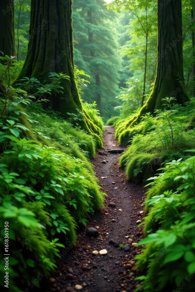 Obraz premium Emerald moss, ferns, & lush undergrowth on Pacific Northwest trail, hiking, summer