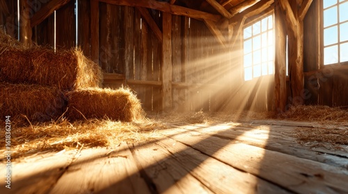 Sunlight streams through a rustic barn, casting shadows on golden straw, creating a serene atmosphere that evokes feelings of calm, nostalgia, and connection to simpler times.