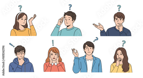 Collection of people expressing confusion and uncertainty with question marks above their heads in a stylized illustration