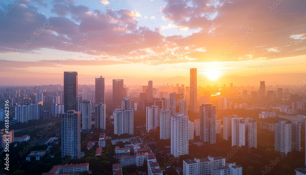 Fototapeta premium Vibrant Sunrise Over Modern City Urban Skyline at Dawn
