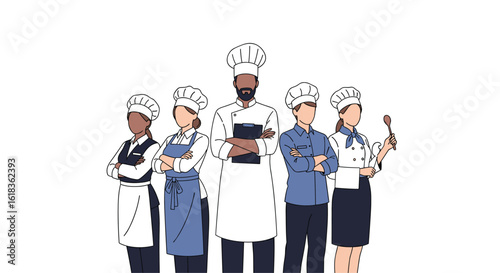 A diverse team of culinary professionals standing together ready to create delicious food