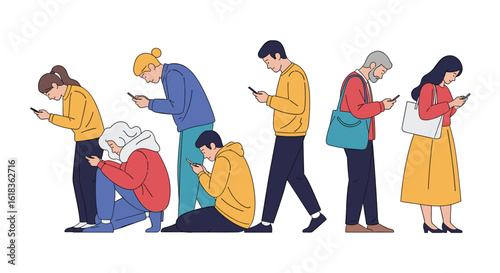 People engrossed in their mobile phones while waiting in a queue showing digital distraction and connection