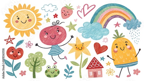 Colorful spring illustration featuring a smiling sun, a girl, a strawberry, a rainbow, a pineapple, flowers, a tree, a frog, a house, stars, hearts, and clouds , summer, sun, smiling, girl, strawberry