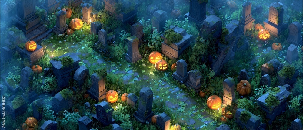 Naklejka premium Halloween graveyard with glowing pumpkins, spooky Halloween graveyard with glowing pumpkins, digital illustration Halloween graveyard with glowing pumpkins
