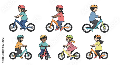 Children enjoying balance bikes outdoors learning to ride safely with helmets