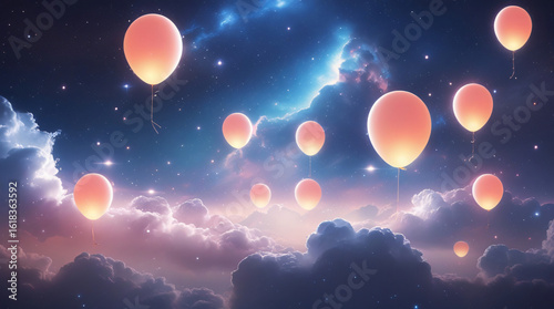 abstract balloon background with clouds and stars