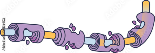 An illustration of a damaged myelin sheath around a nerve axon. The purple sheath is breaking apart, symbolizing demyelination and nerve signal disruption in neurological disorders.