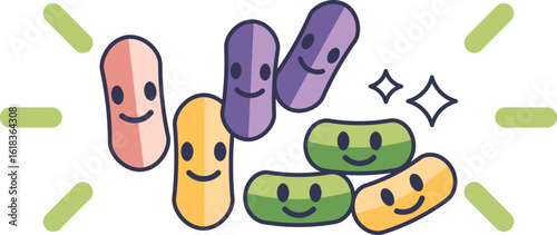 A colorful illustration of friendly, smiling probiotic bacteria characters. This represents a healthy gut microbiome, good bacteria, and the benefits of probiotics for digestive wellness.