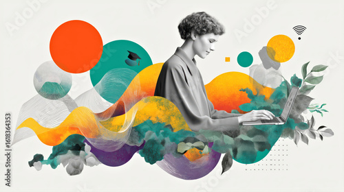 Abstract Concept of Online Learning with Woman Using Laptop Amidst Vibrant Artistic Elements