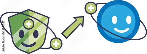 A green shield icon, representing an antioxidant, protects a happy blue cell. This illustrates cellular protection, immune support, and the health benefits of antioxidants for well-being.