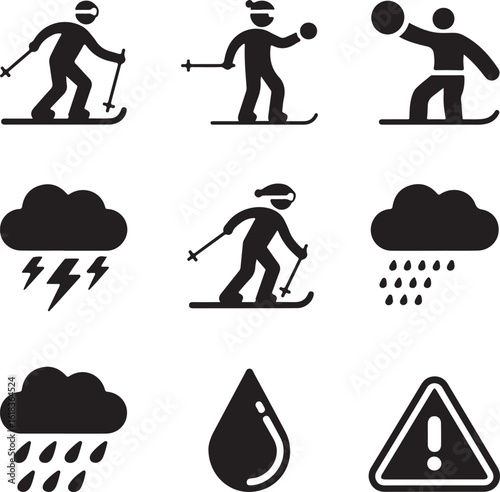 Winter Activities & Weather Icon Pack – Snowboarding, Skiing, Snowball Fight, Cloudy Sky, Hail, Blizzard, Freezing Rain, and Weather Alert
