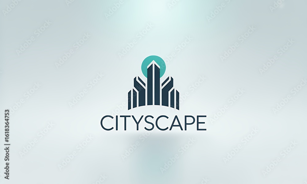 Fototapeta premium Minimalist Cityscape Logo with Buildings and Sun on Light Background