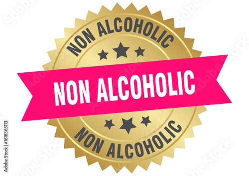 non alcoholic. non alcoholic round pink and gold label isolated on transparent background