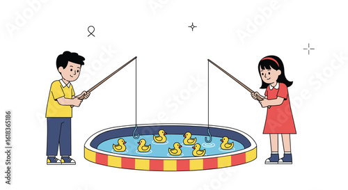 Children enjoying a fun duck fishing game at an outdoor carnival event