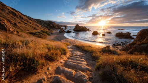 A breathtaking view of the sunset over a serene beach with rocky formations, showing vibrant colors reflecting off the water and the golden sand path leading to tranquility.