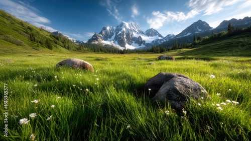 A stunning view of towering mountains in the background with a vibrant green meadow adorned with scattered boulders and white wildflowers in perfect harmony with nature.