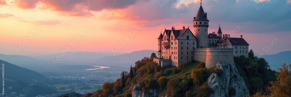 Fototapeta premium Majestic Turkish castle perched atop a hill, overlooking a sprawling landscape under a vibrant sky Ancient stones, intricate architecture, historical landmark, travel destination , trees, view