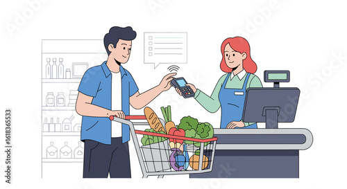 Customer paying with contactless payment method at grocery store checkout counter with full shopping cart